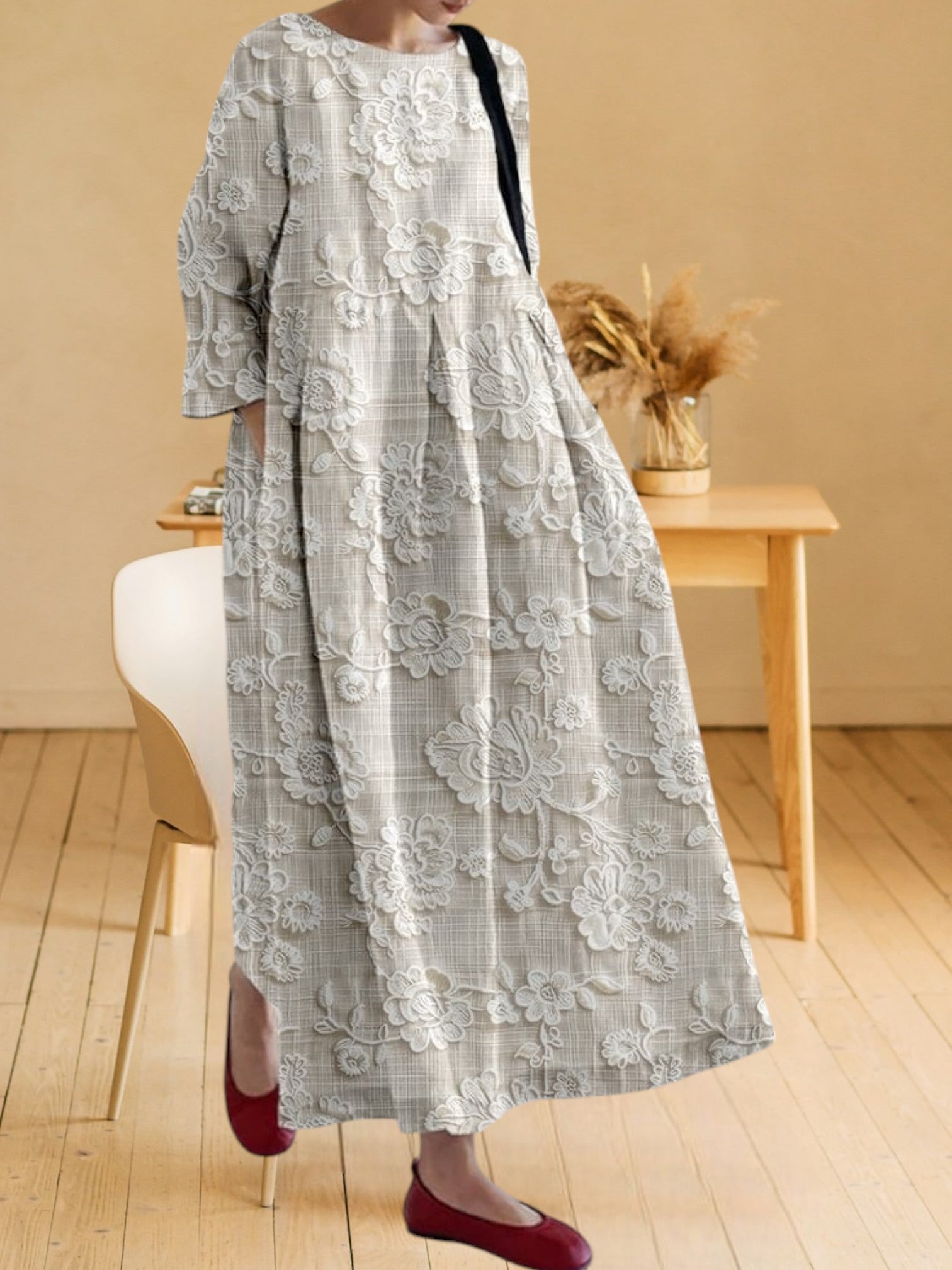 Othilia | Women's Elegant Lace Print Dress, Lightweight Flax, Long sleeve, Perfect for Summer and Wedding Guests | Light Gray