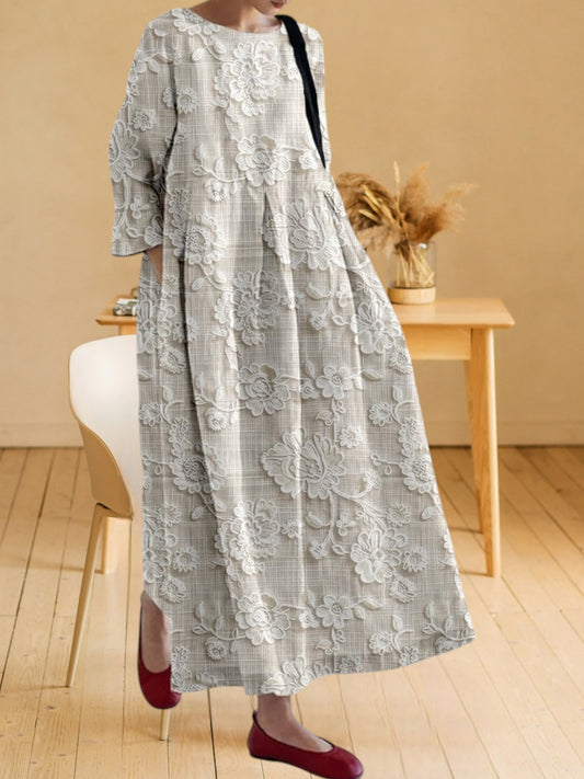 Othilia | Women's Elegant Lace Print Dress, Lightweight Flax, Long sleeve, Perfect for Summer and Wedding Guests | Light Gray