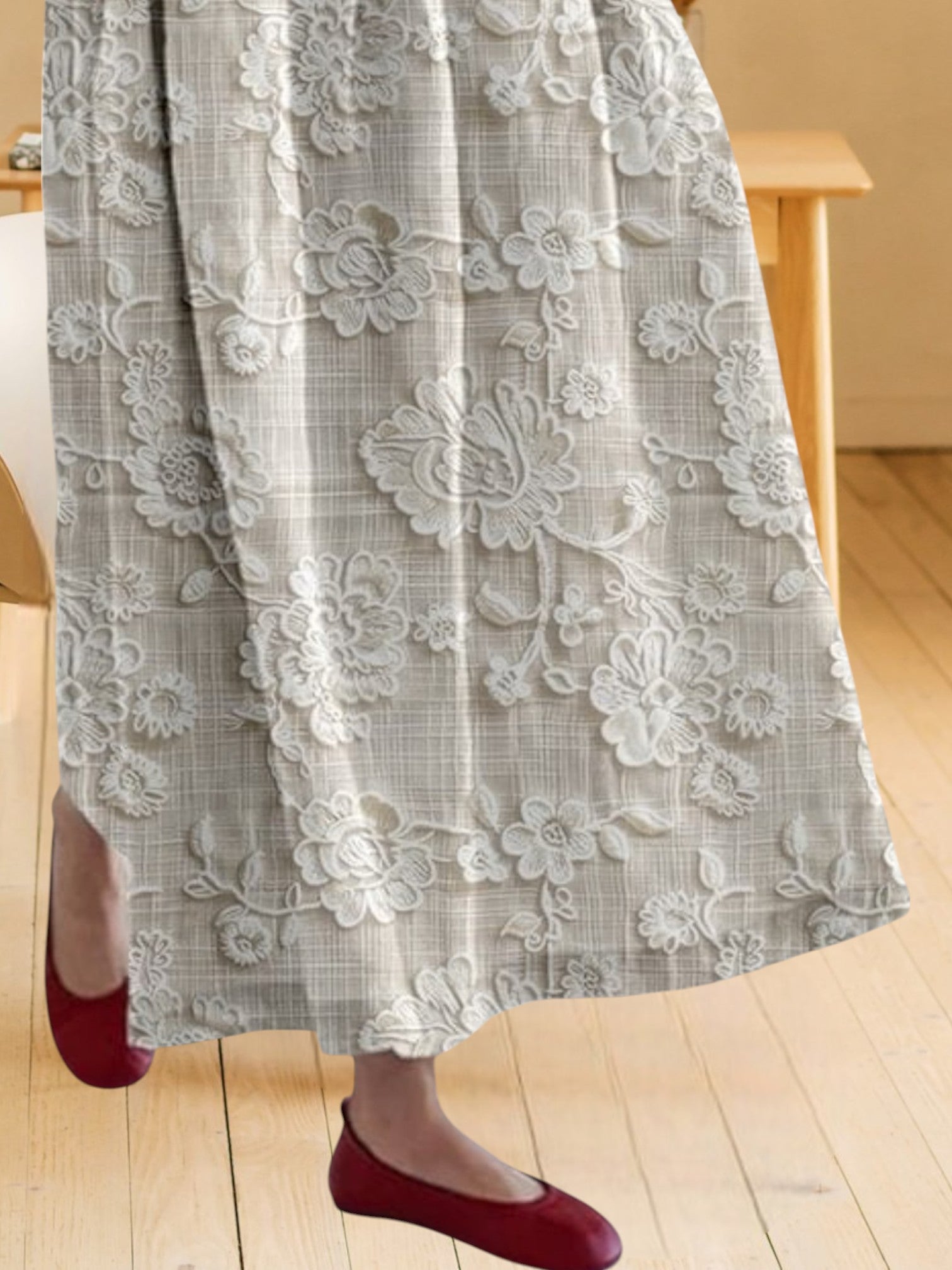 Othilia | Women's Elegant Lace Print Dress, Lightweight Flax, Long sleeve, Perfect for Summer and Wedding Guests | Light Gray 2