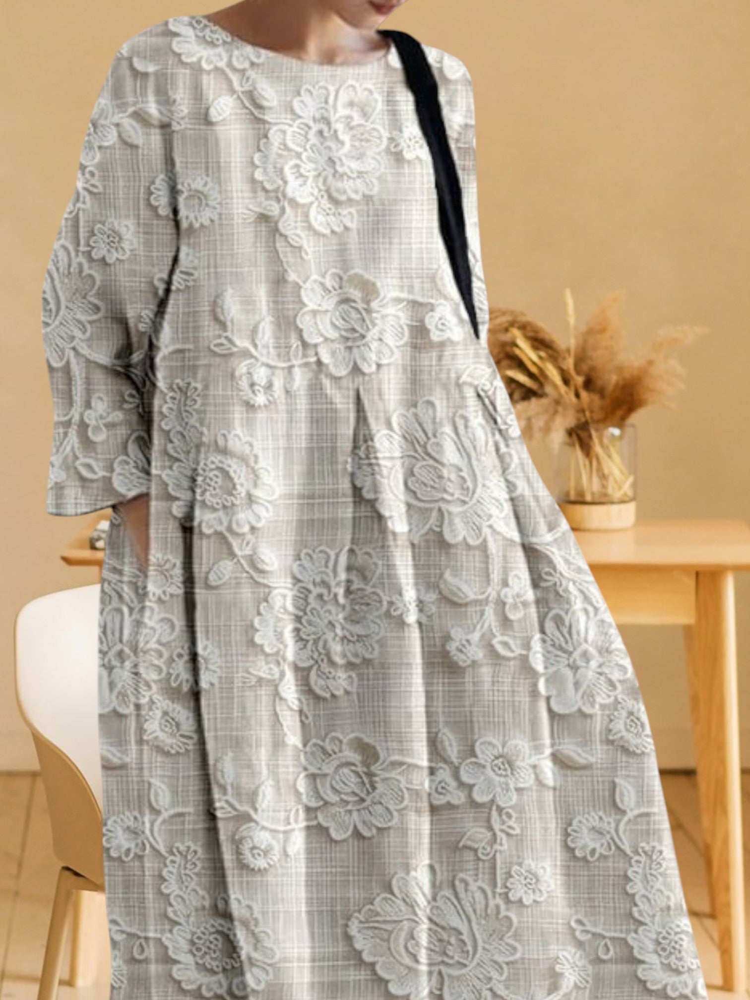 Othilia | Women's Elegant Lace Print Dress, Lightweight Flax, Long sleeve, Perfect for Summer and Wedding Guests | Light Gray 3