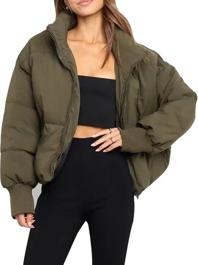 Oversized Down Jacket For Women, High Collar | Winter | Army Green