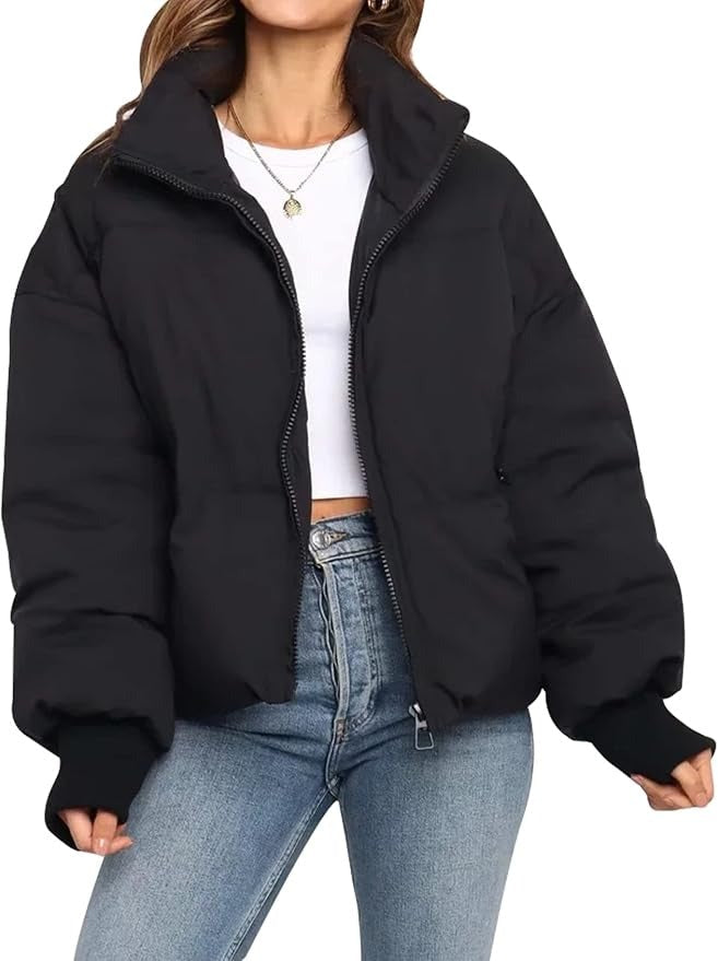 Oversized Down Jacket For Women, High Collar | Winter | Black