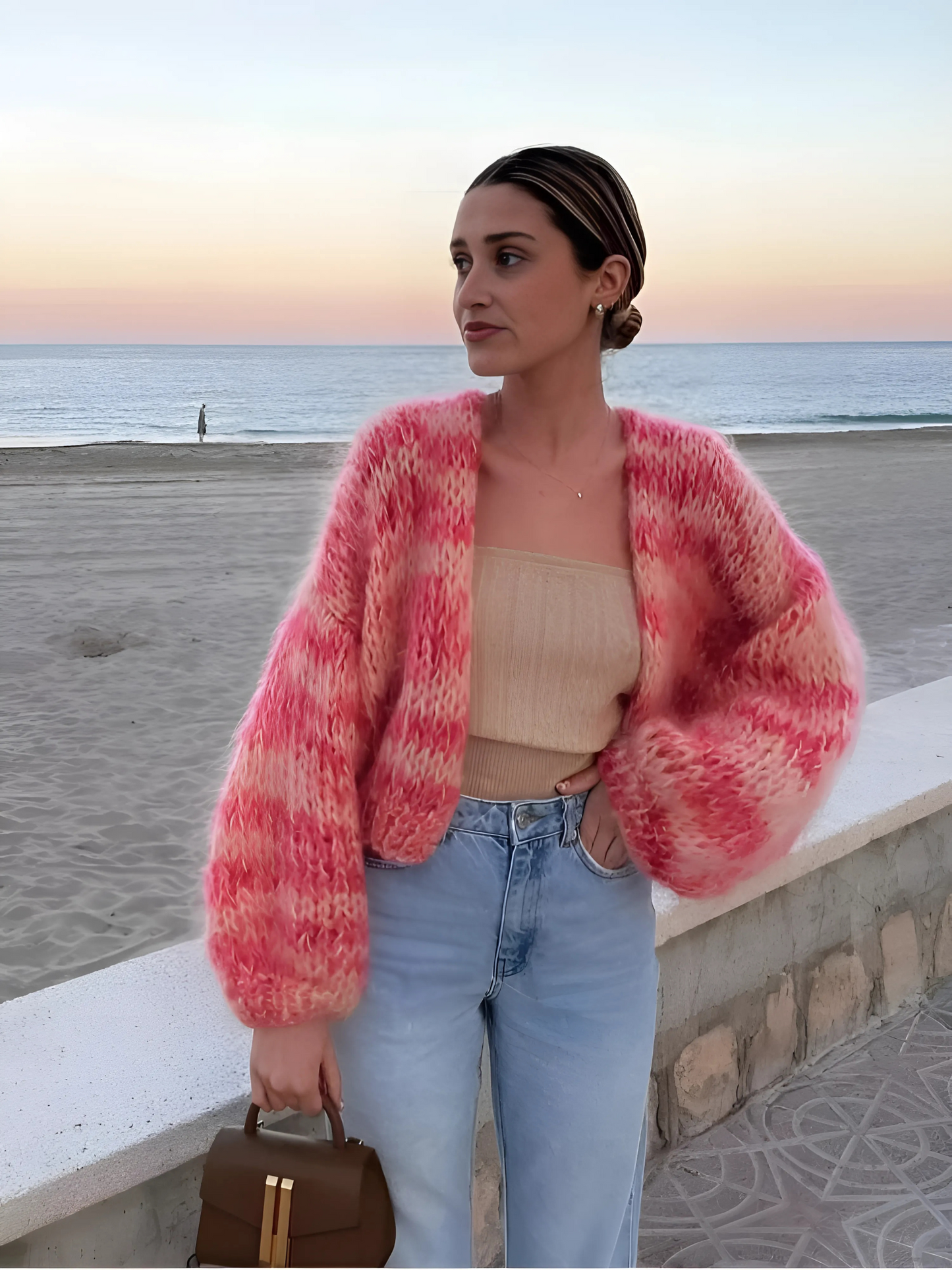 Patchwork Cardigan for Women | Long Puff Sleeves | Pink