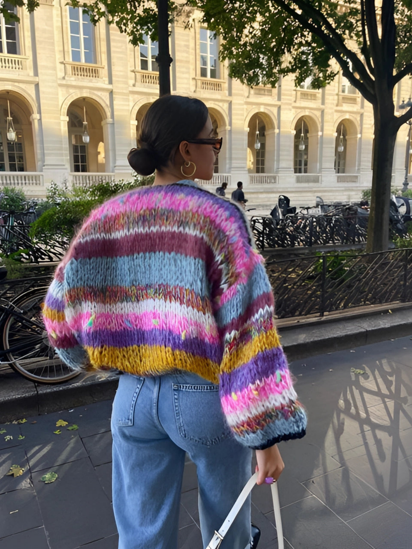 Patchwork Cardigan for Women | Long Puff Sleeves | Purple