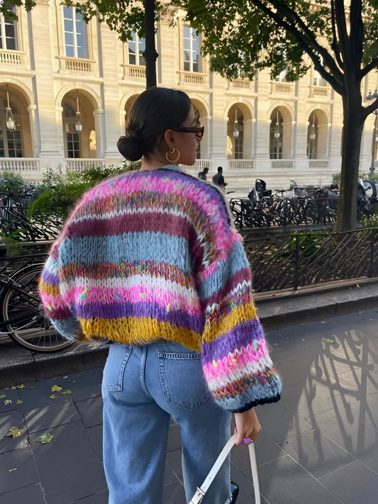 Patchwork Cardigan for Women | Long Puff Sleeves | Purple