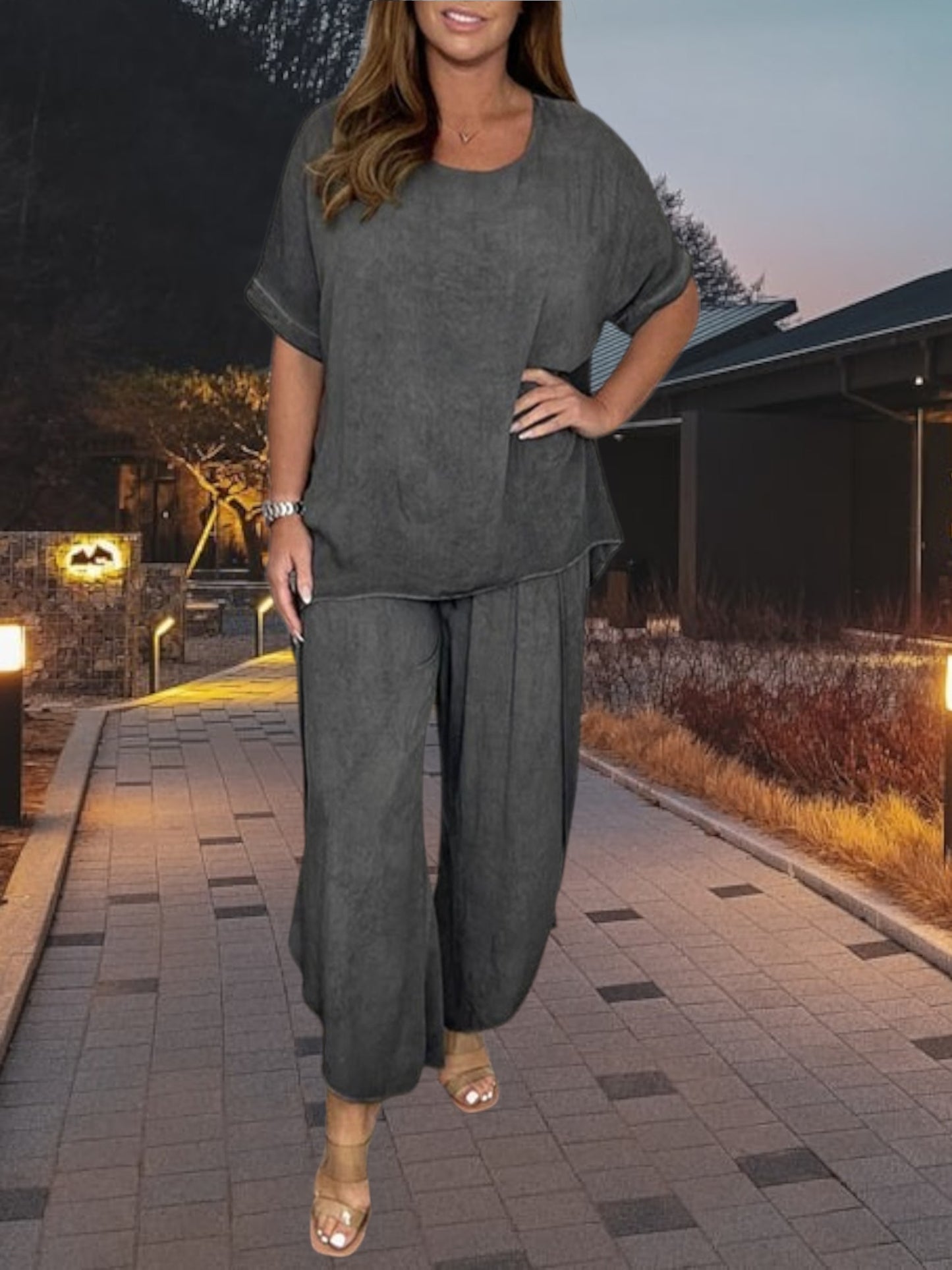 Perni | Women's Elegant Two-Piece Linen Suit with Relaxed Fit and Slit Detail | Dark Gray