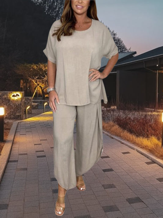 Perni | Women's Elegant Two-Piece Linen Suit with Relaxed Fit and Slit Detail | Gray