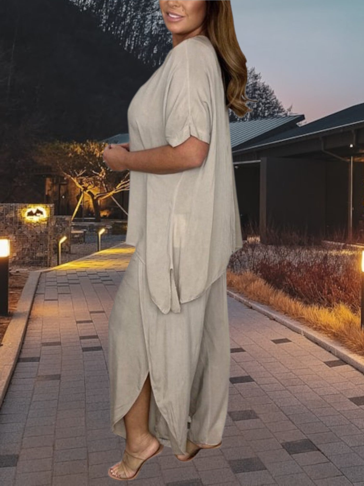 Perni | Women's Elegant Two-Piece Linen Suit with Relaxed Fit and Slit Detail | Gray 2