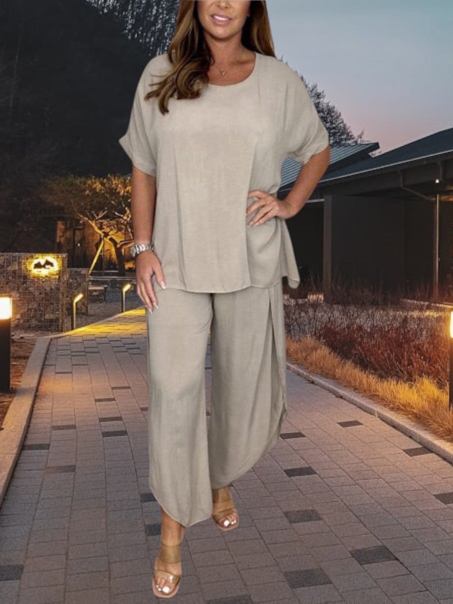 Perni | Women's Elegant Two-Piece Linen Suit with Relaxed Fit and Slit Detail | Gray 3
