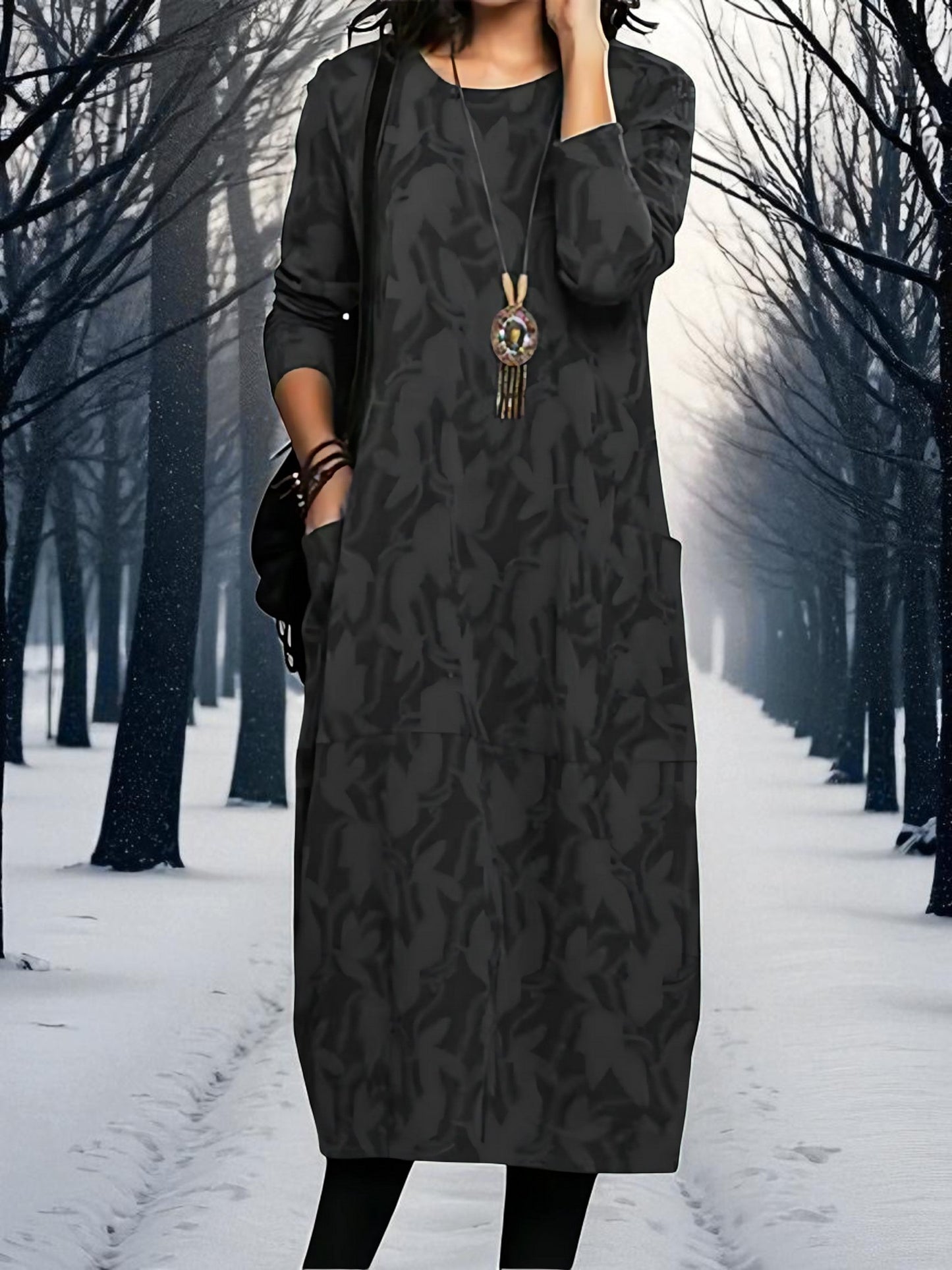 Printed Maxi Dress | Round Neck | Black