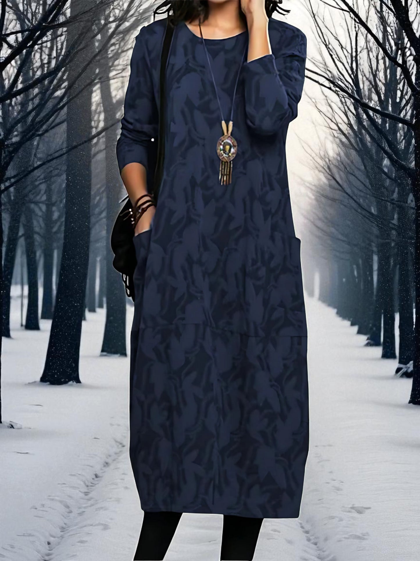 Printed Maxi Dress | Round Neck | Blue