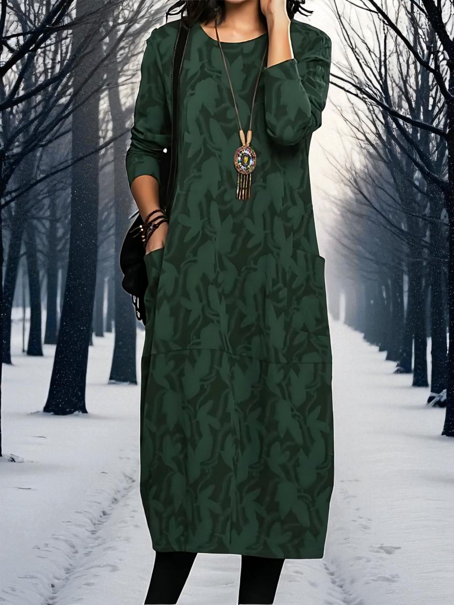 Printed Maxi Dress | Round Neck | Green