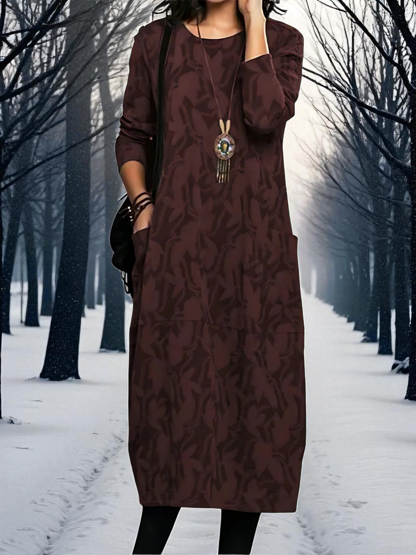 Printed Maxi Dress | Round Neck | Red