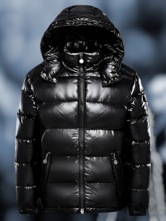 Puffer Jacket with Hood | Front Zipper | Black