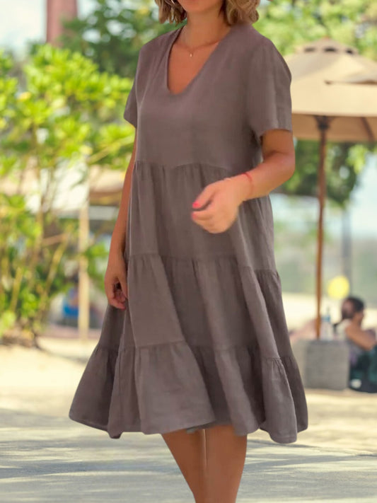 Querina | Women's White Shirt Dress V-Neck Knee Length Cotton Blend Short sleeve | Brown