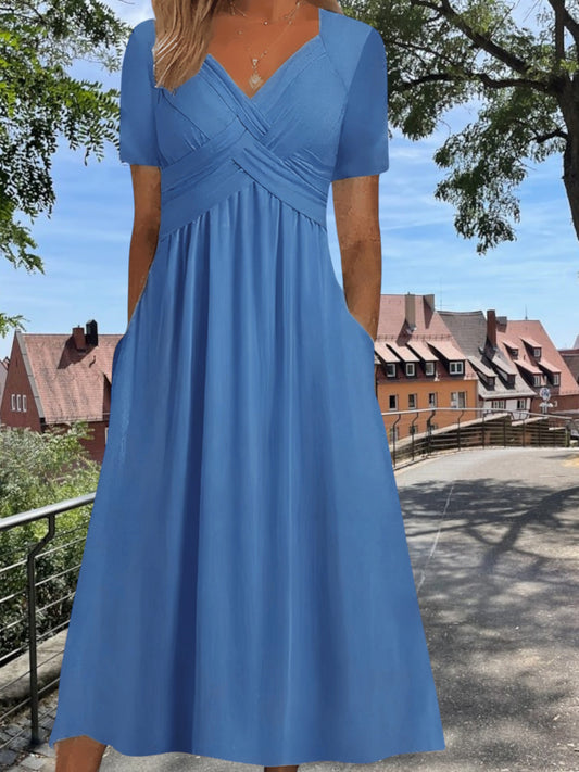 Ragnhild | Elegant White Satin Midi Dress for Women with V-Cut Neckline and Short sleeve Design | Blue