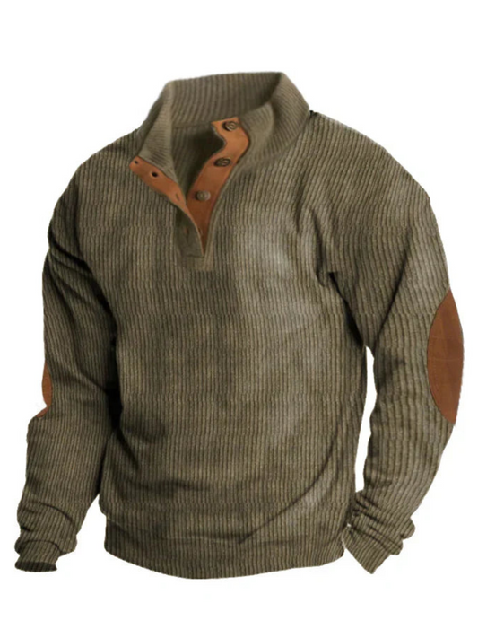 Ribbed Sweater for Men | Buttoned Collar | Army Green
