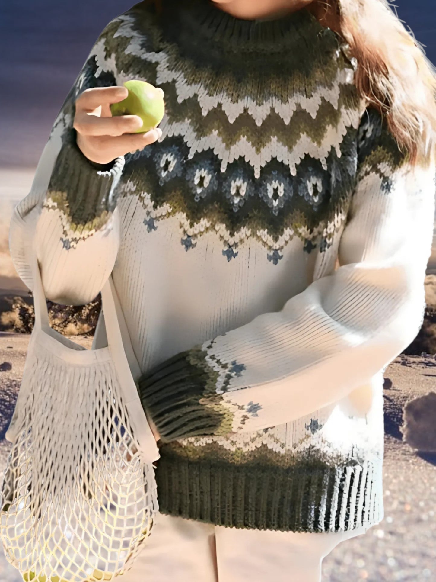 Round Neck Knit Sweater | Lantern Sleeves | Green