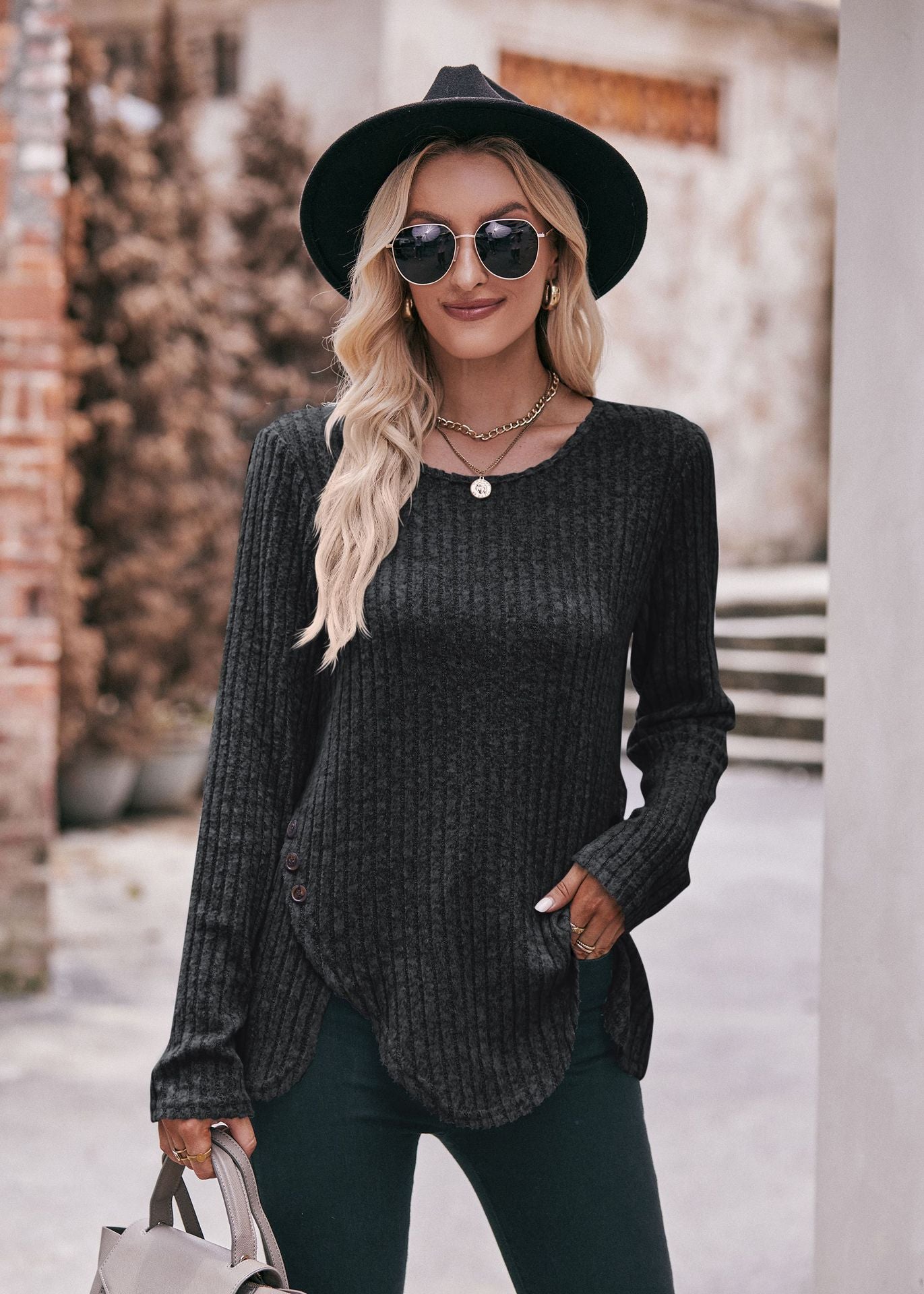 Round Neck Long Sleeve Shirt for Women | Relaxed Fit | Dark Gray