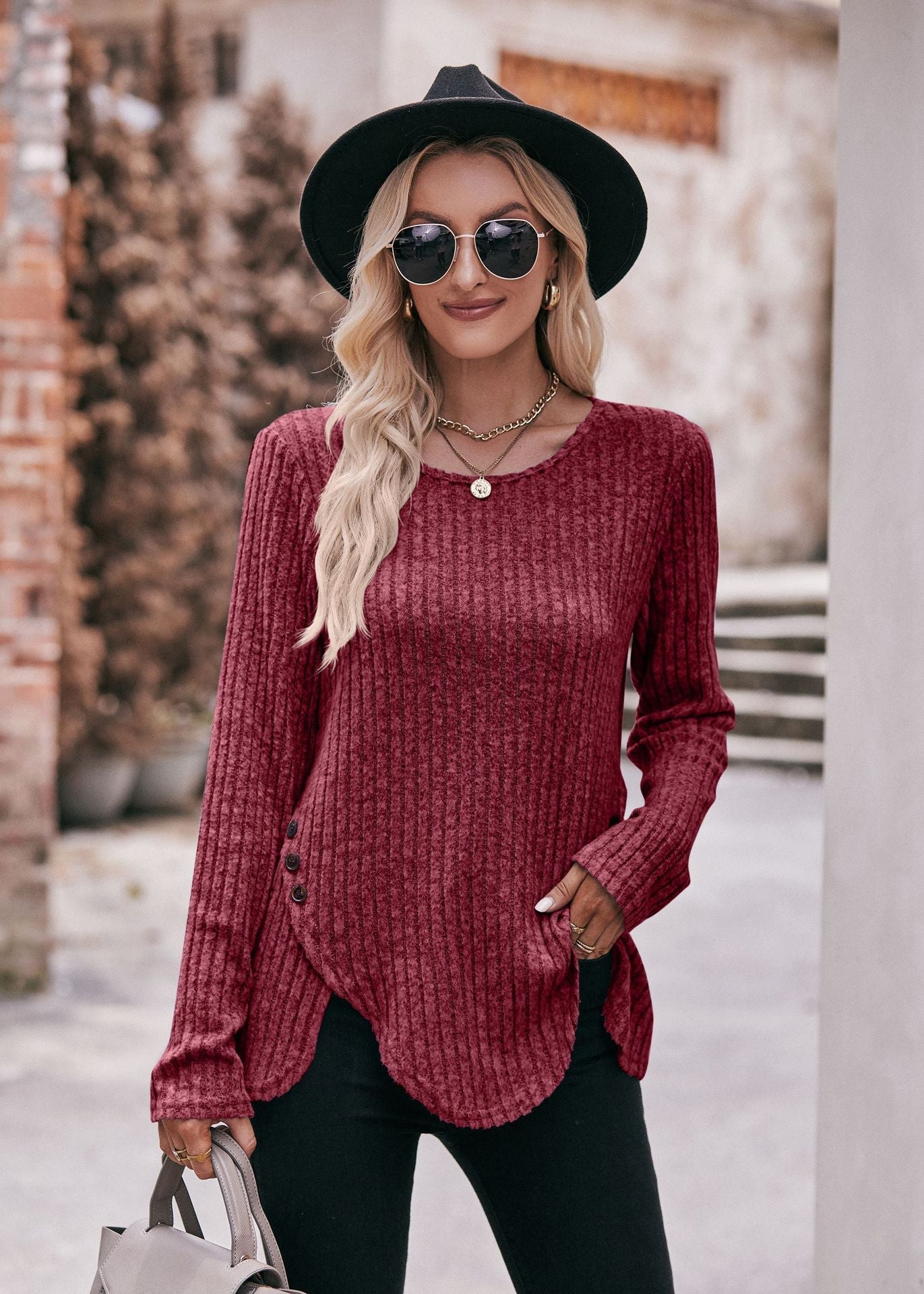 Round Neck Long Sleeve Shirt for Women | Relaxed Fit | Red