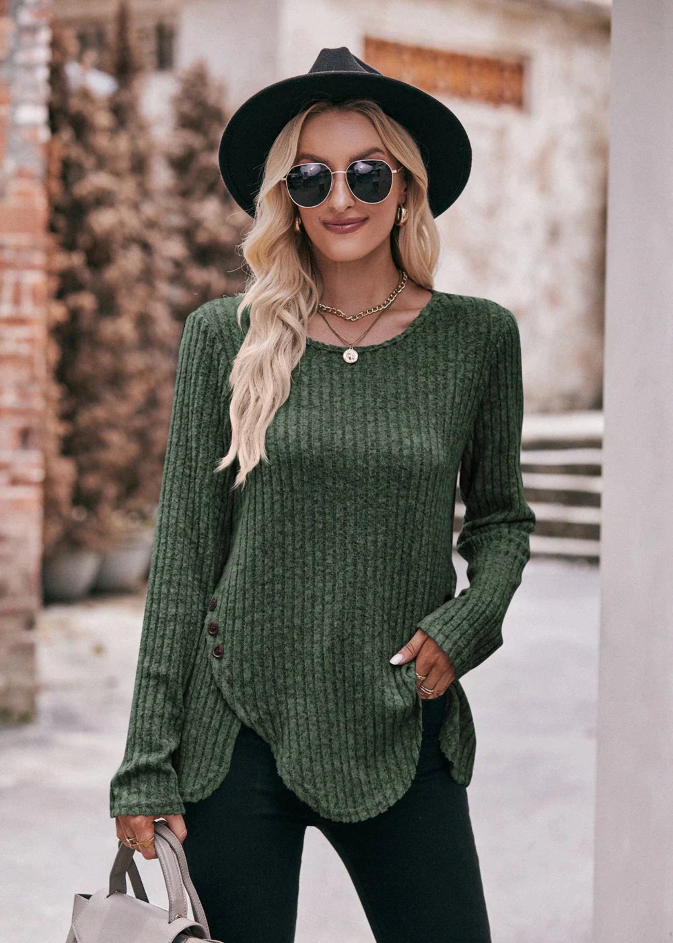 Round Neck Long Sleeve Shirt for Women | Relaxed Fit | army Green