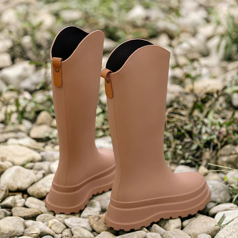 Rubber Boots for Women | Waterproof High Shaft | Non-Slip Sole | Brown