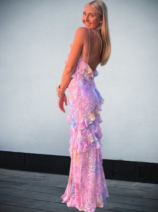 Ruffle Maxi Dress with Open-Back Design – Elegant Flowing Fit | Pink