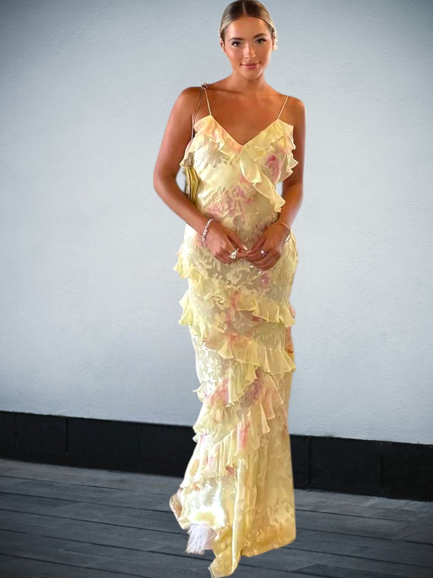 Ruffle Maxi Dress with Open-Back Design – Elegant Flowing Fit | Yellow