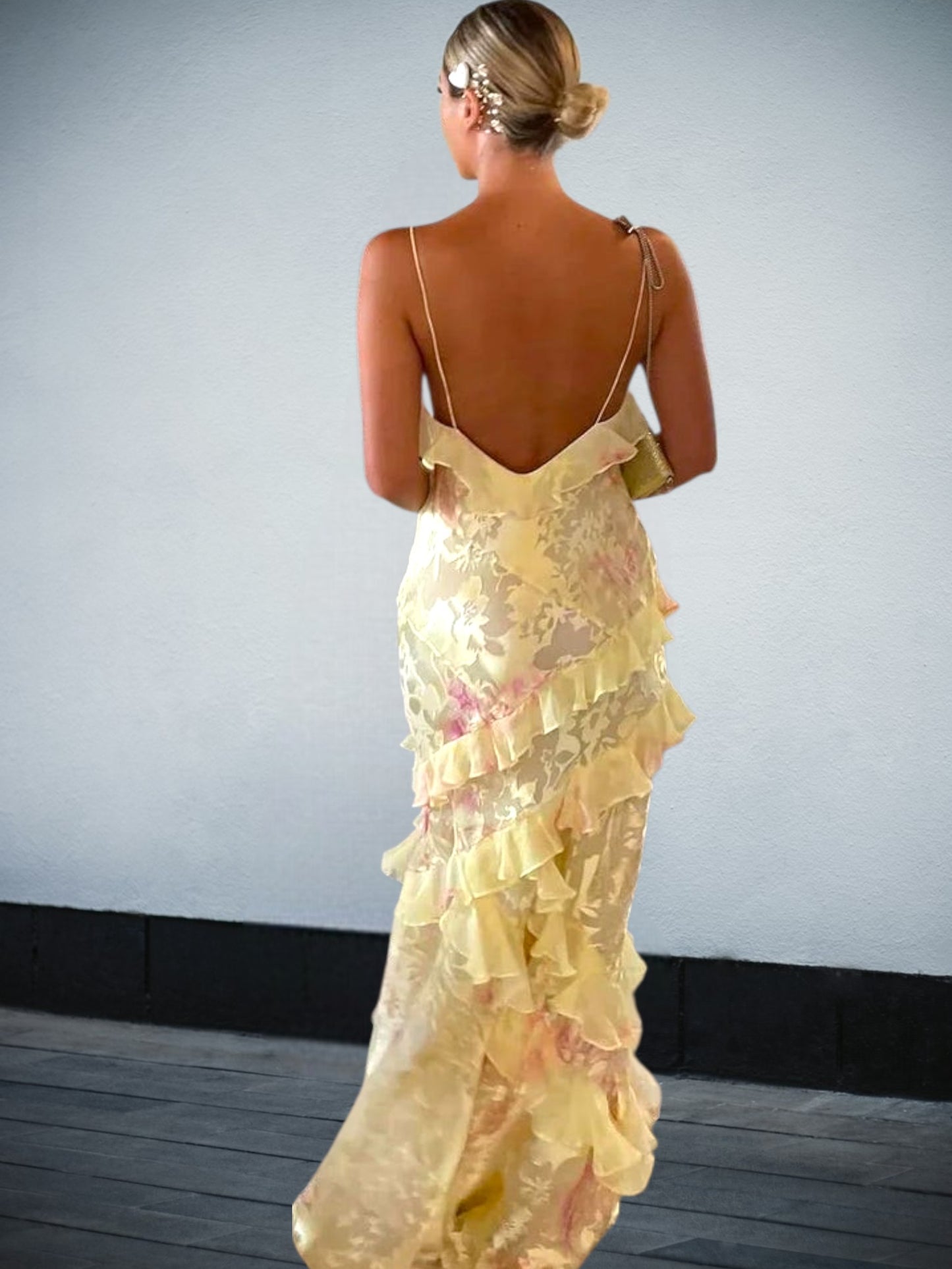 Ruffle Maxi Dress with Open-Back Design – Elegant Flowing Fit | Yellow 2