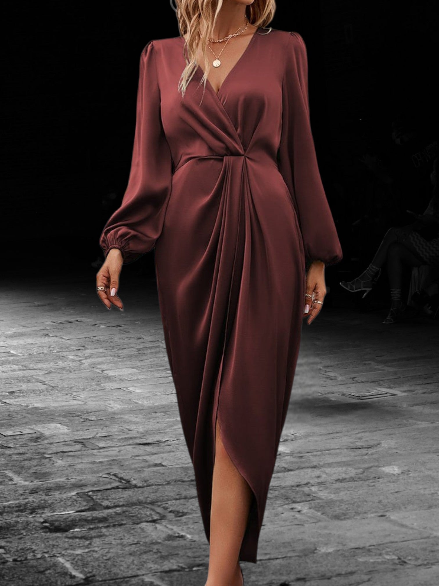 Satin Wrap Maxi Dress with Lantern Long Sleeve V-Neck | Bordeaux Red