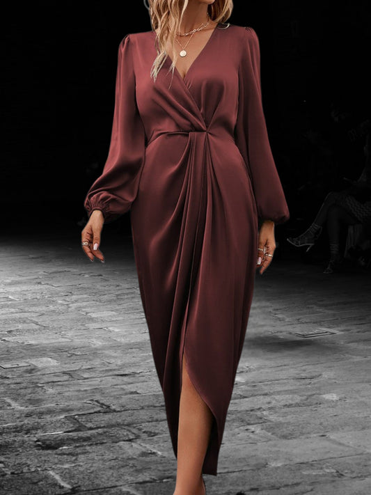 Satin Wrap Maxi Dress with Lantern Long Sleeve V-Neck | Bordeaux Red
