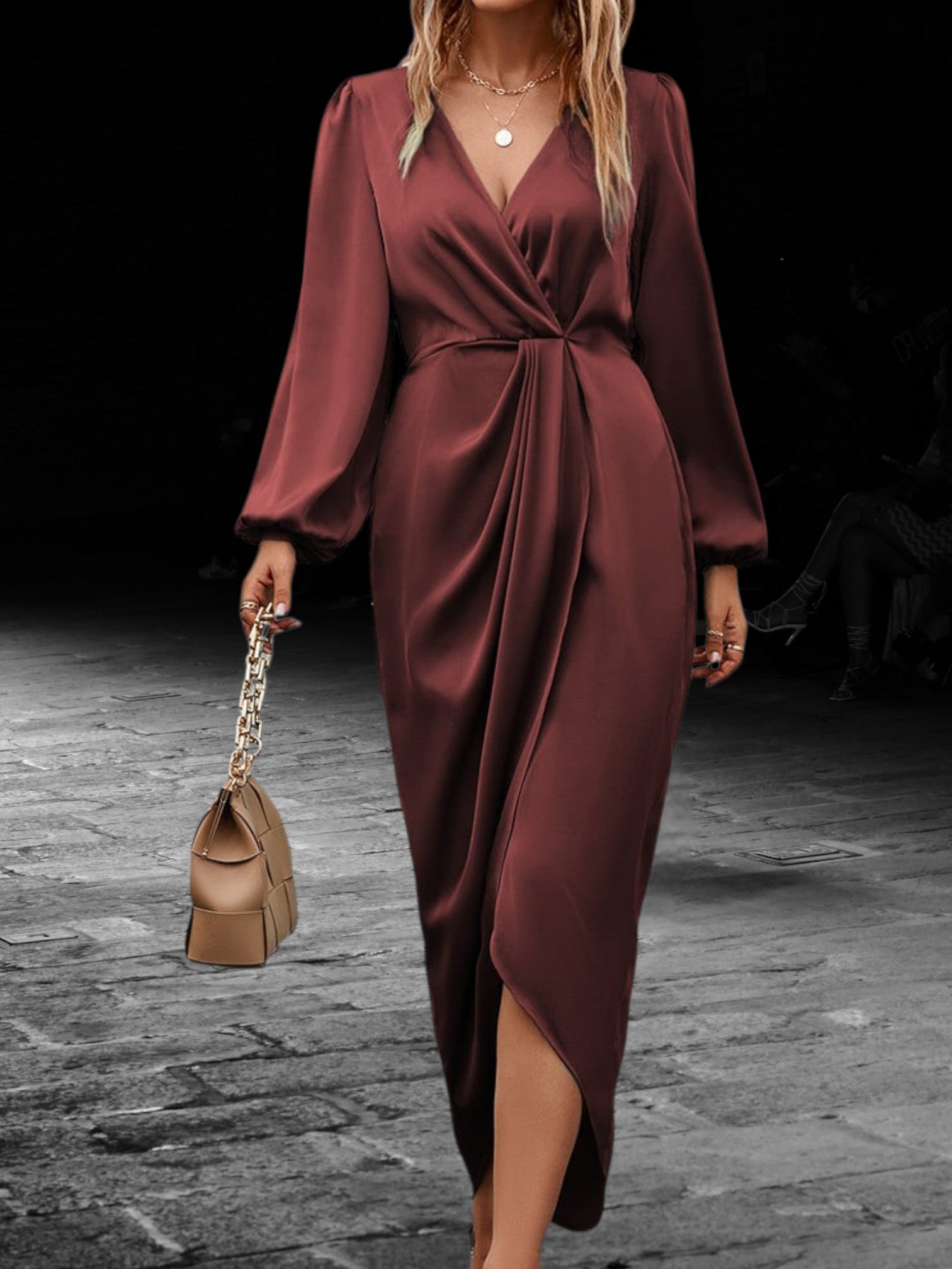 Satin Wrap Maxi Dress with Lantern Long Sleeve V-Neck | Bordeaux Red 2