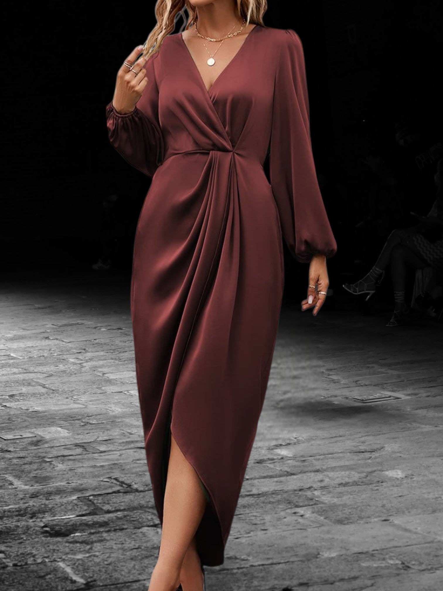 Satin Wrap Maxi Dress with Lantern Long Sleeve V-Neck | Bordeaux Red 3