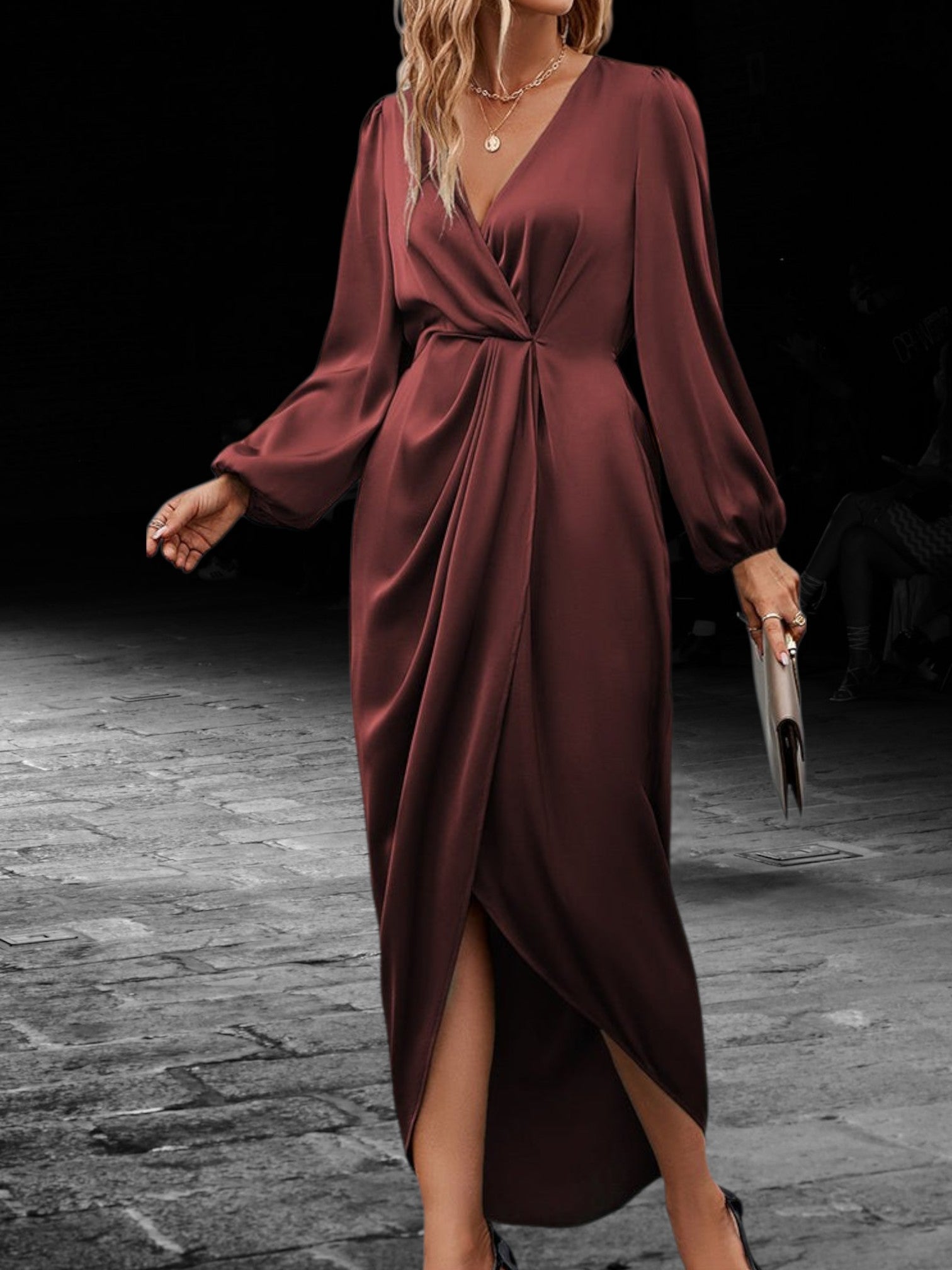 Satin Wrap Maxi Dress with Lantern Long Sleeve V-Neck | Bordeaux Red 4