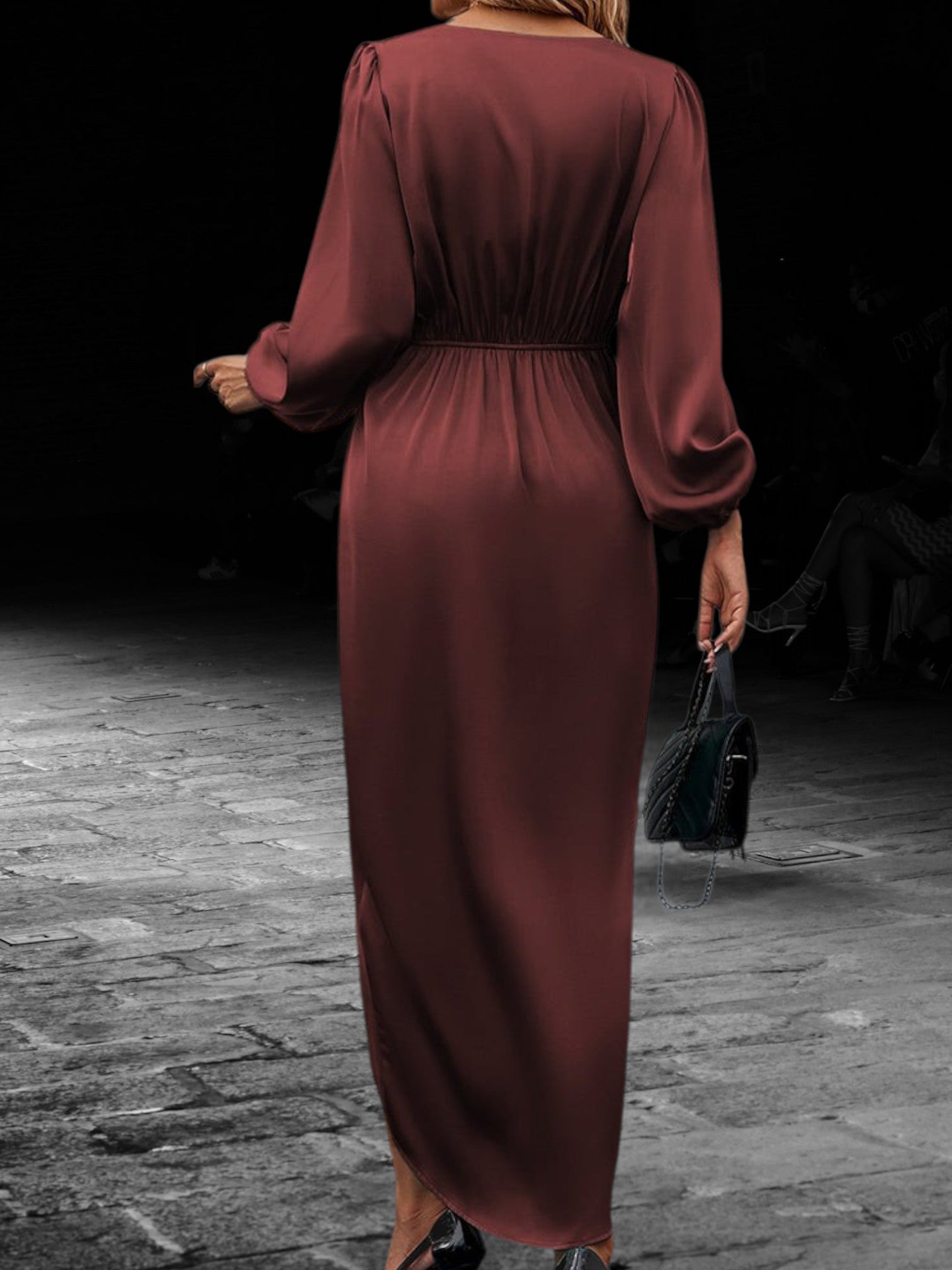Satin Wrap Maxi Dress with Lantern Long Sleeve V-Neck | Bordeaux Red 5