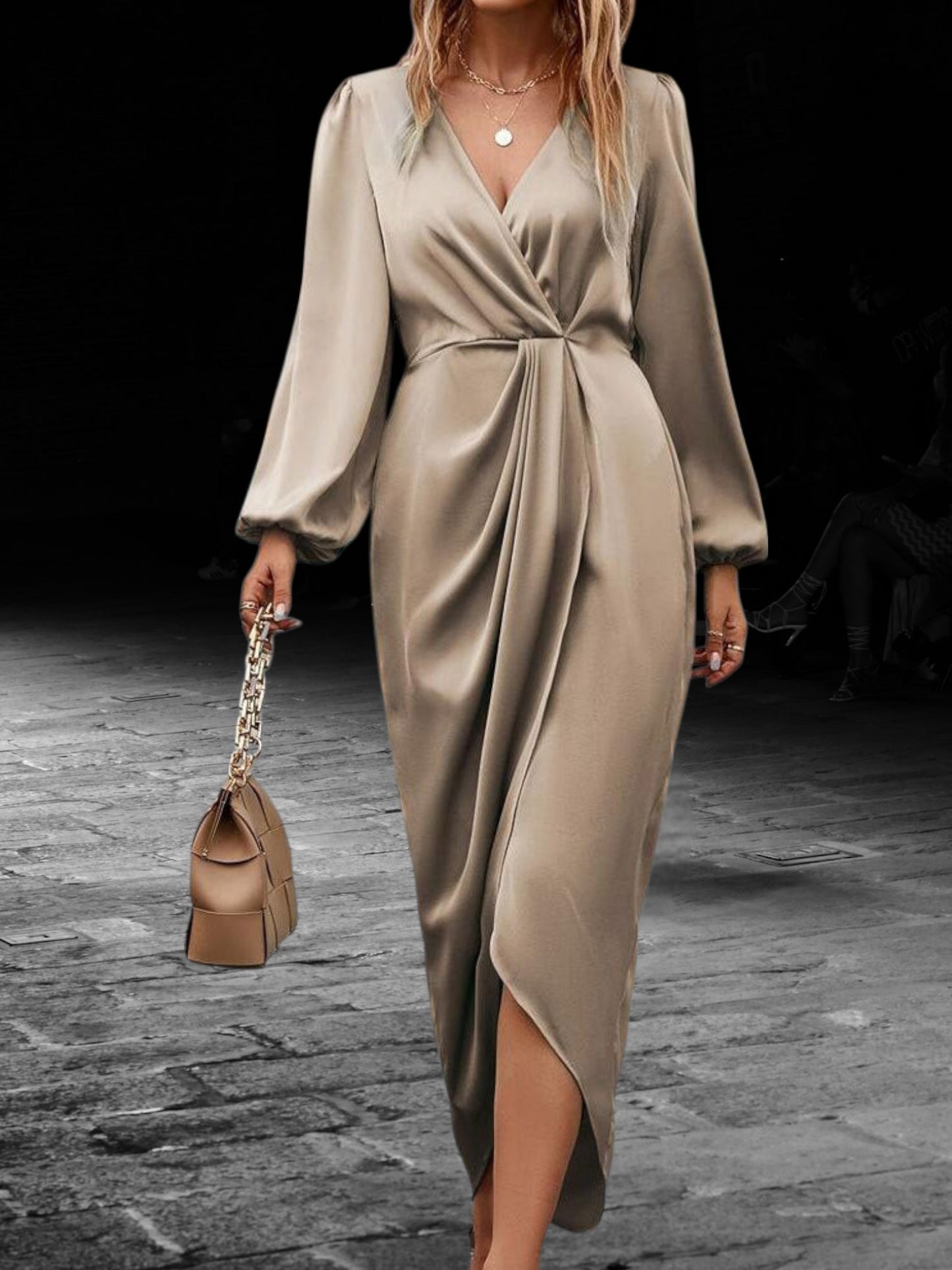 Satin Wrap Maxi Dress with Lantern Long Sleeve V-Neck | Light Champagne