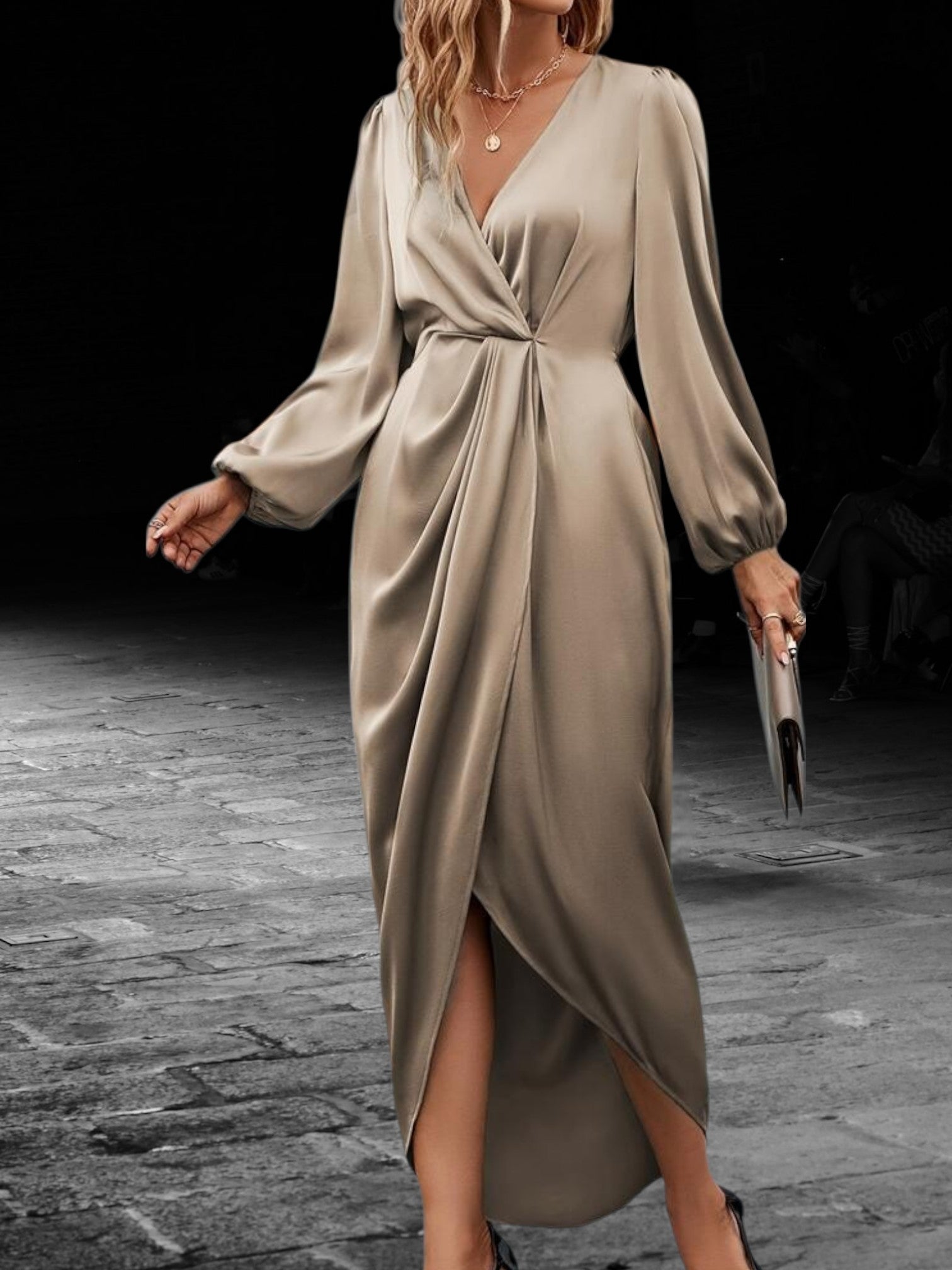 Satin Wrap Maxi Dress with Lantern Long Sleeve V-Neck | Light Champagne 2