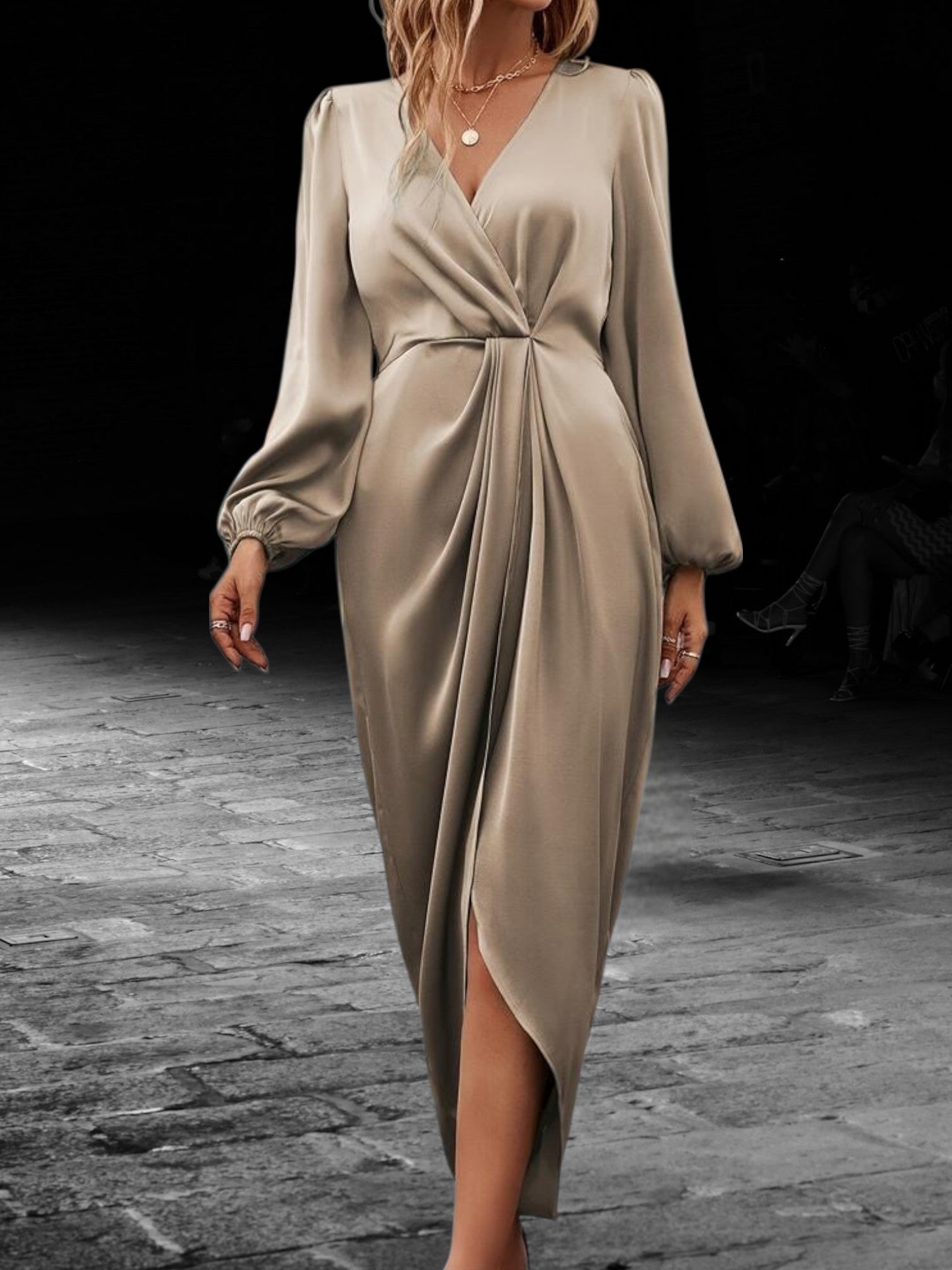 Satin Wrap Maxi Dress with Lantern Long Sleeve V-Neck | Light Champagne 3