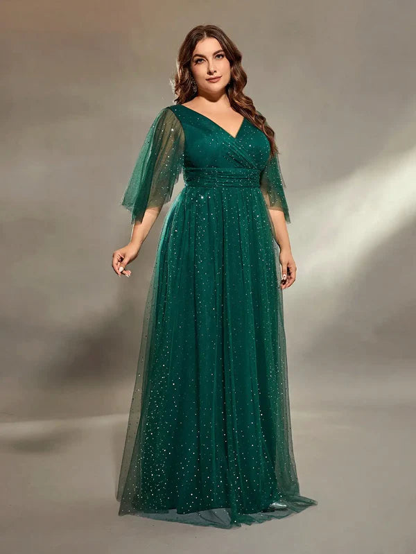 V-Neck Pleated Evening Gown – Elegant, Flattering Dress for Special Occasions