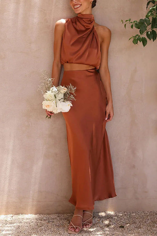 2-Piece Women’s Skirt Set – Sleeveless Sweater & High Waist A-Line Skirt