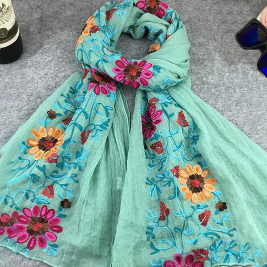 Scarf for Women | Floral Embroidered Lightweight | Mint green