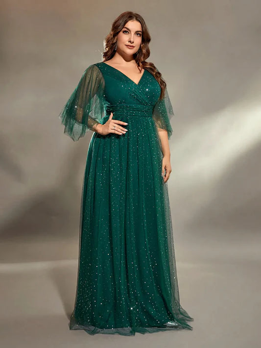 V-Neck Pleated Evening Gown – Elegant, Flattering Dress for Special Occasions