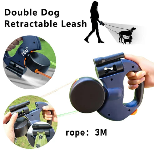 Retractable Dual Dog Leash – No-Tangle, LED Light & Reflective Leads