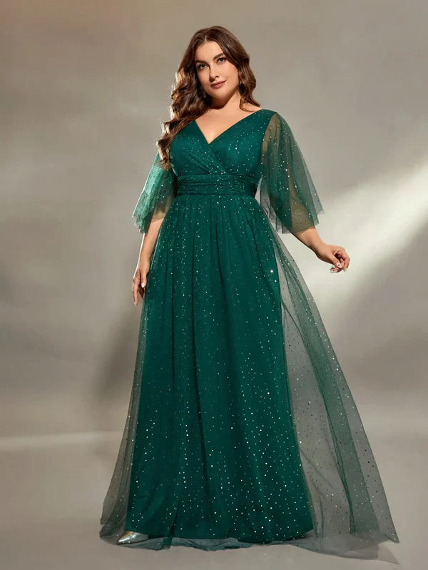 V-Neck Pleated Evening Gown – Elegant, Flattering Dress for Special Occasions