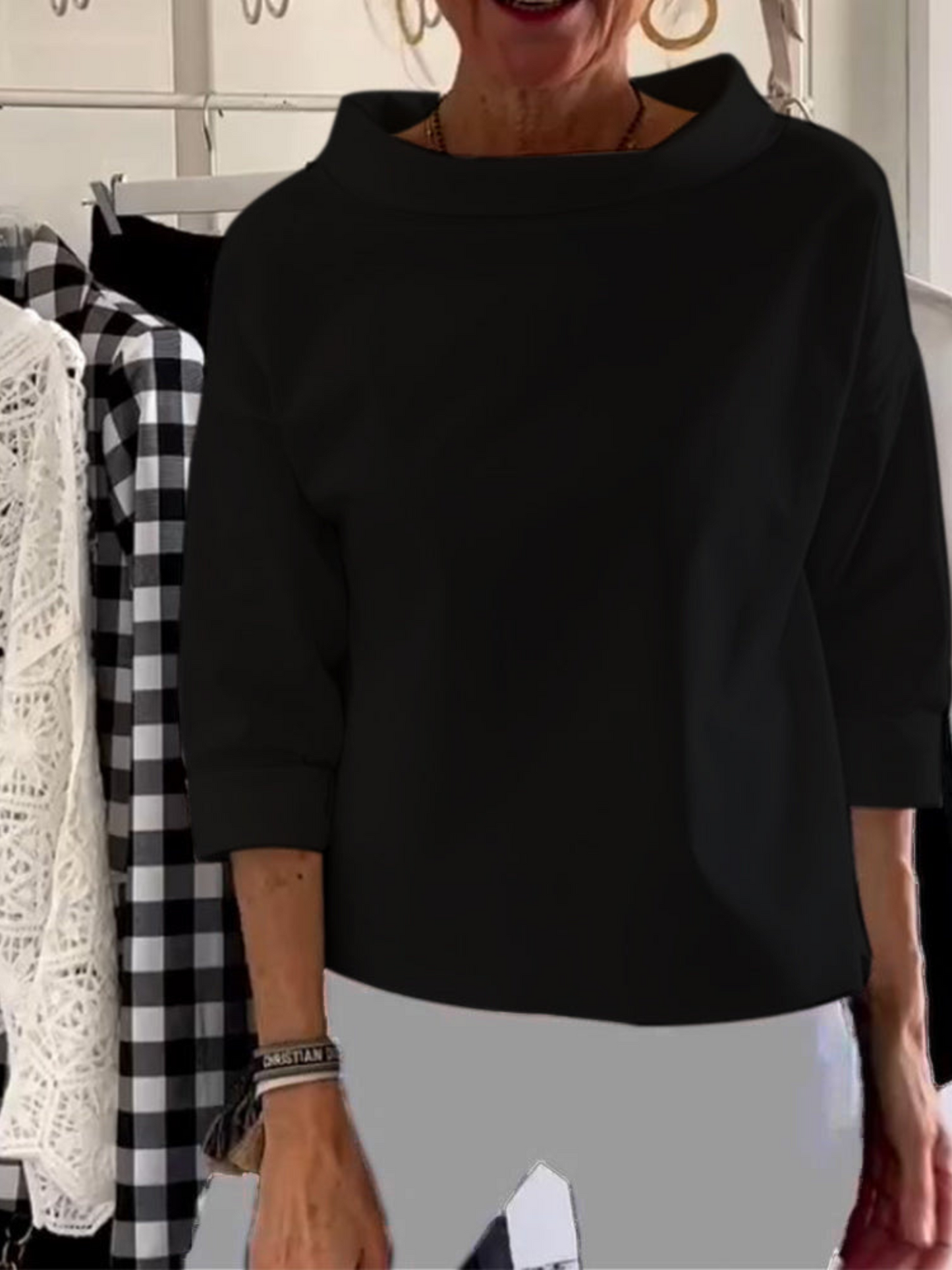 Short Sleeve Blouse, High Collar | Versatile | Black