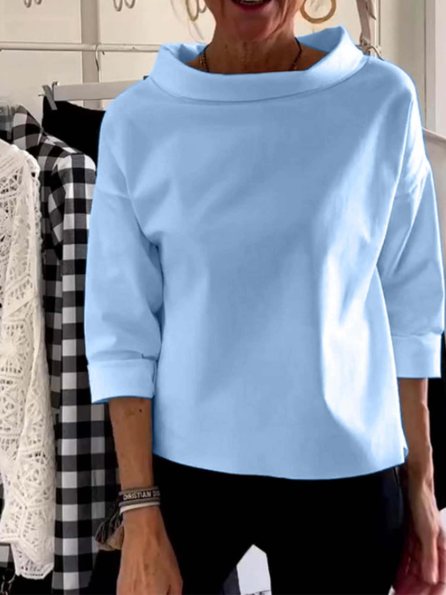Short Sleeve Blouse, High Collar | Versatile | Blue
