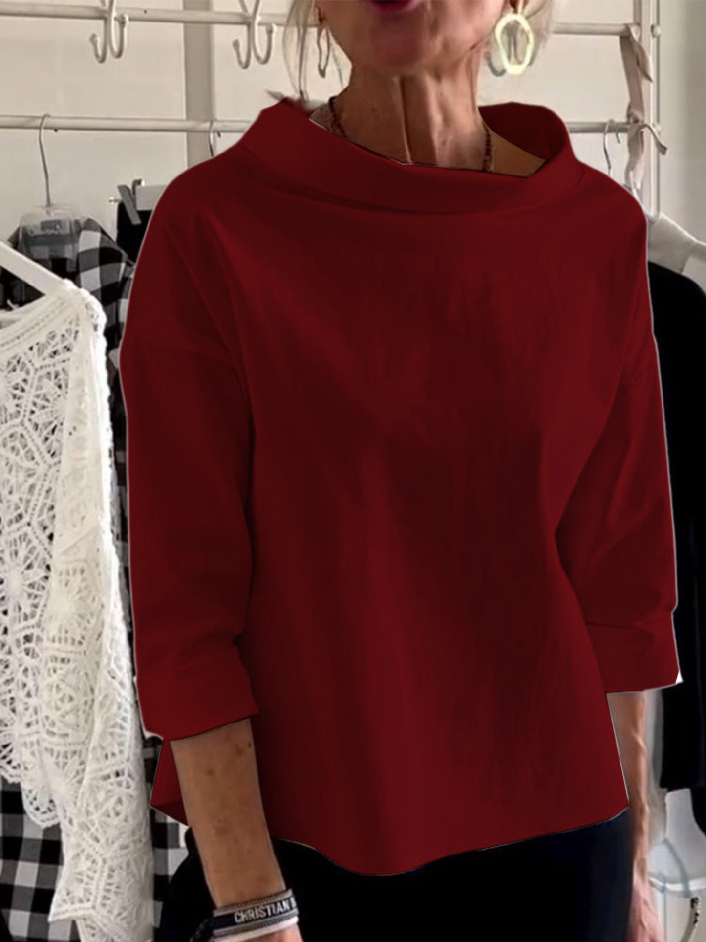 Short Sleeve Blouse, High Collar | Versatile | Bordeaux