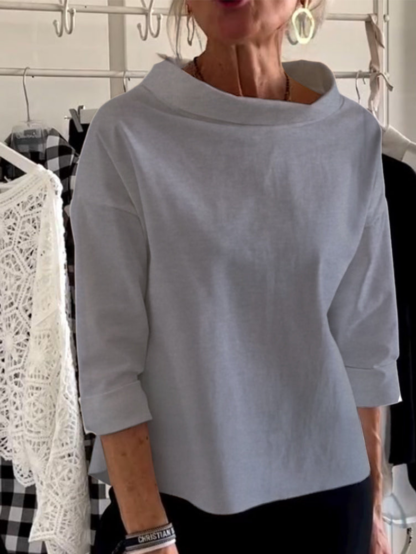 Short Sleeve Blouse, High Collar | Versatile | Gray