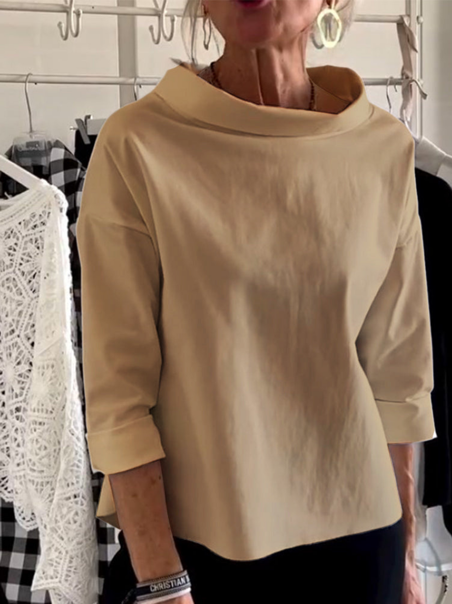 Short Sleeve Blouse, High Collar | Versatile | Khaki