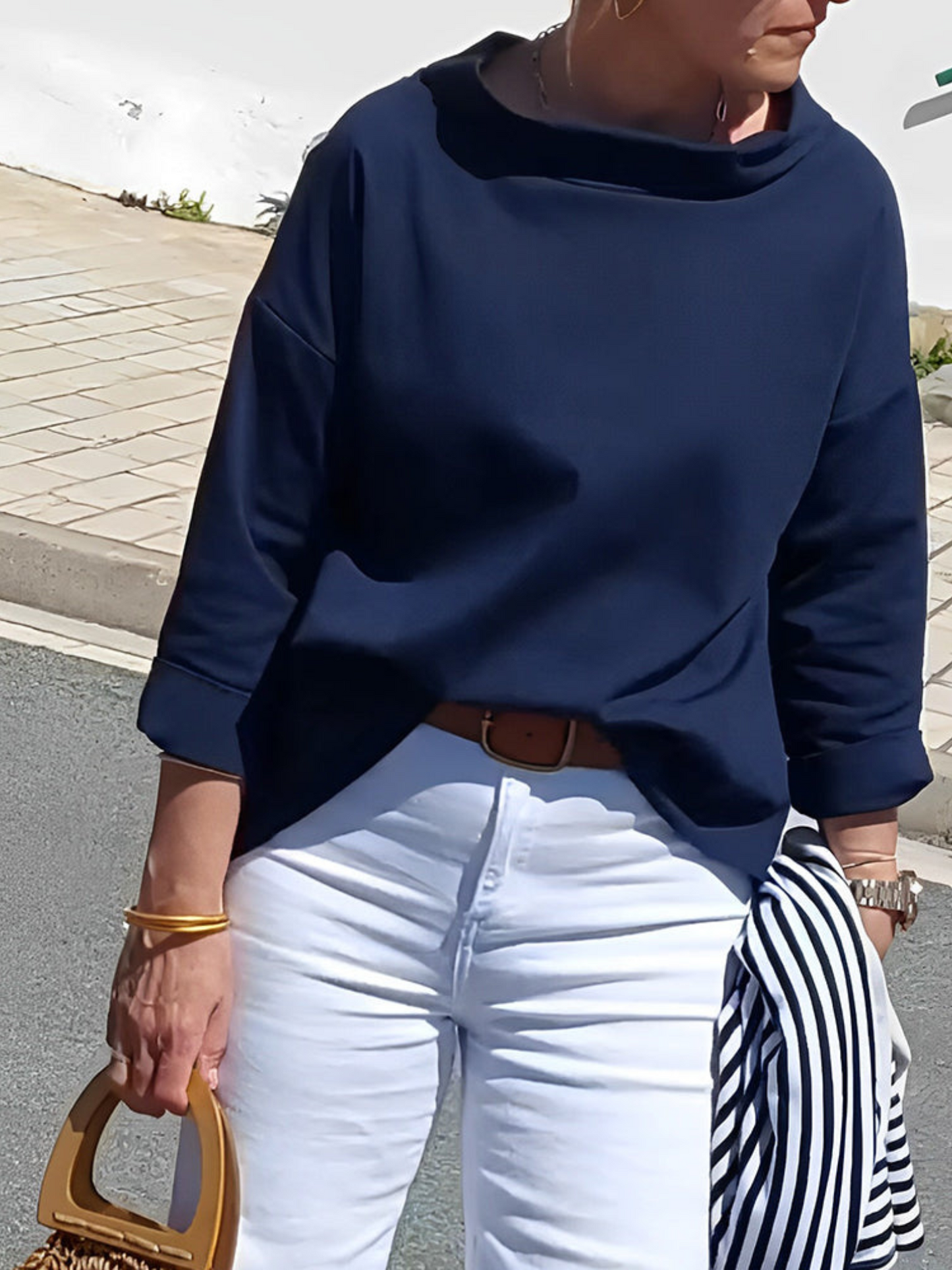 Short Sleeve Blouse, High Collar | Versatile | Navy Blue